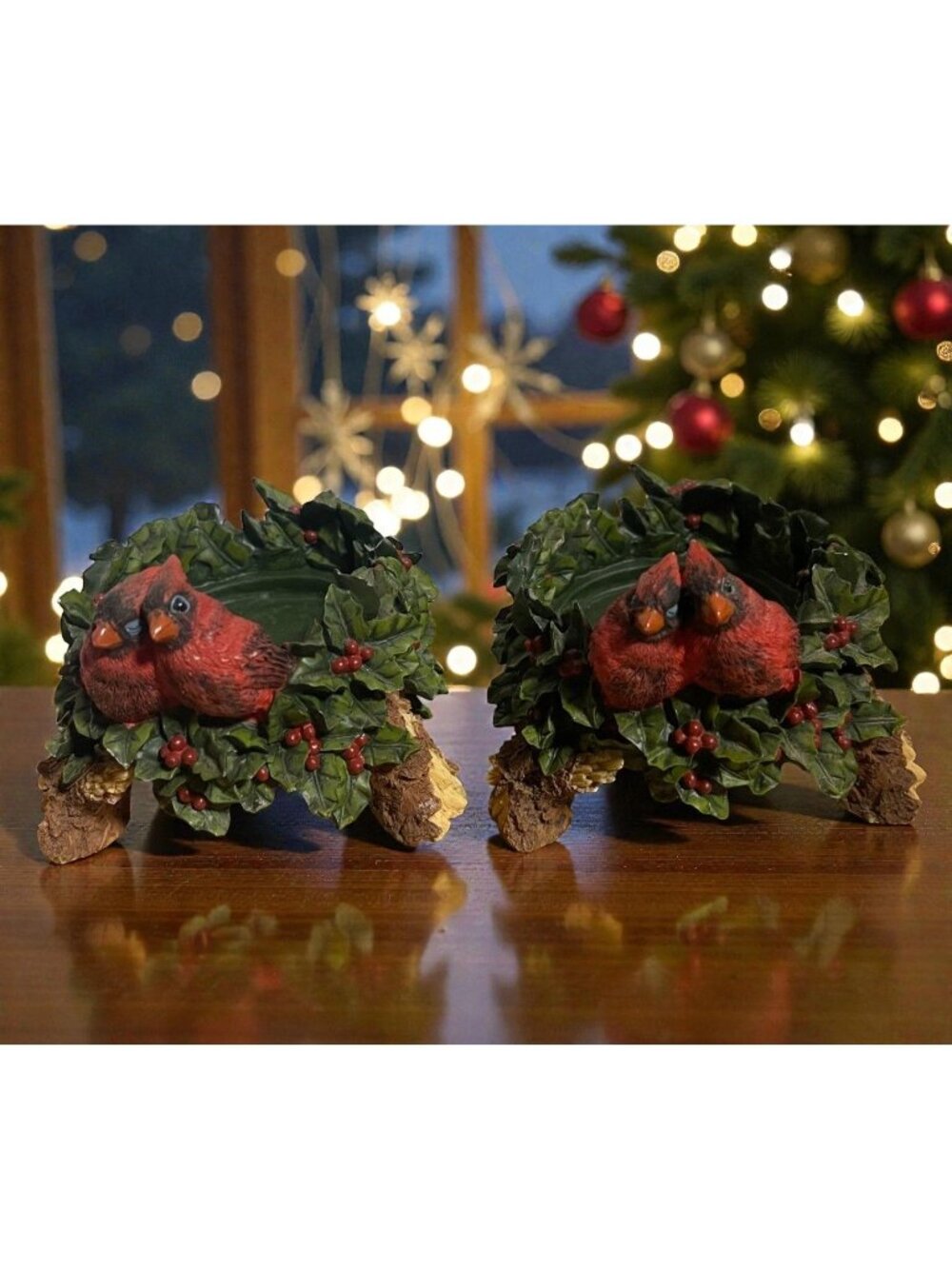 Fenton Pair Of Cardinal & Holly Tealight Candle Holders Holiday Decor Vtg 2000